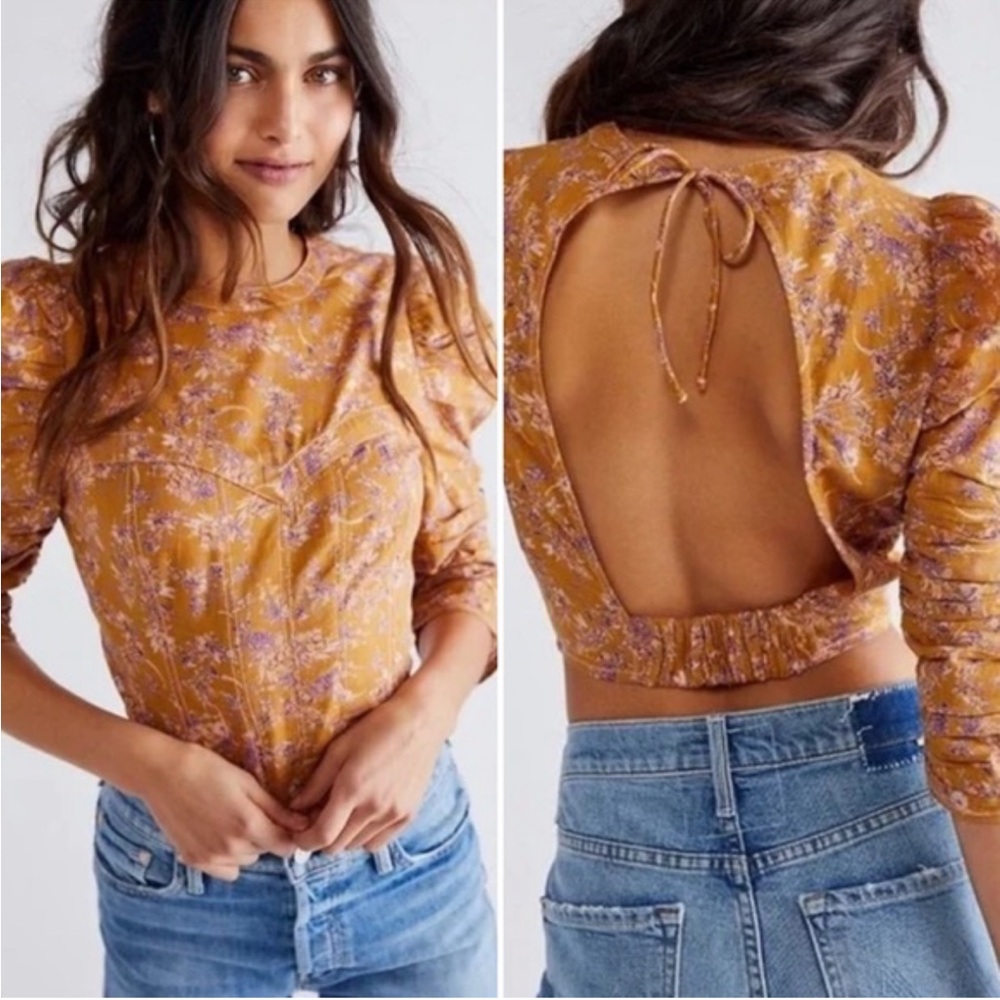 Free People Mustard Floral Puff Sleeve Open Back Blouse Size Small